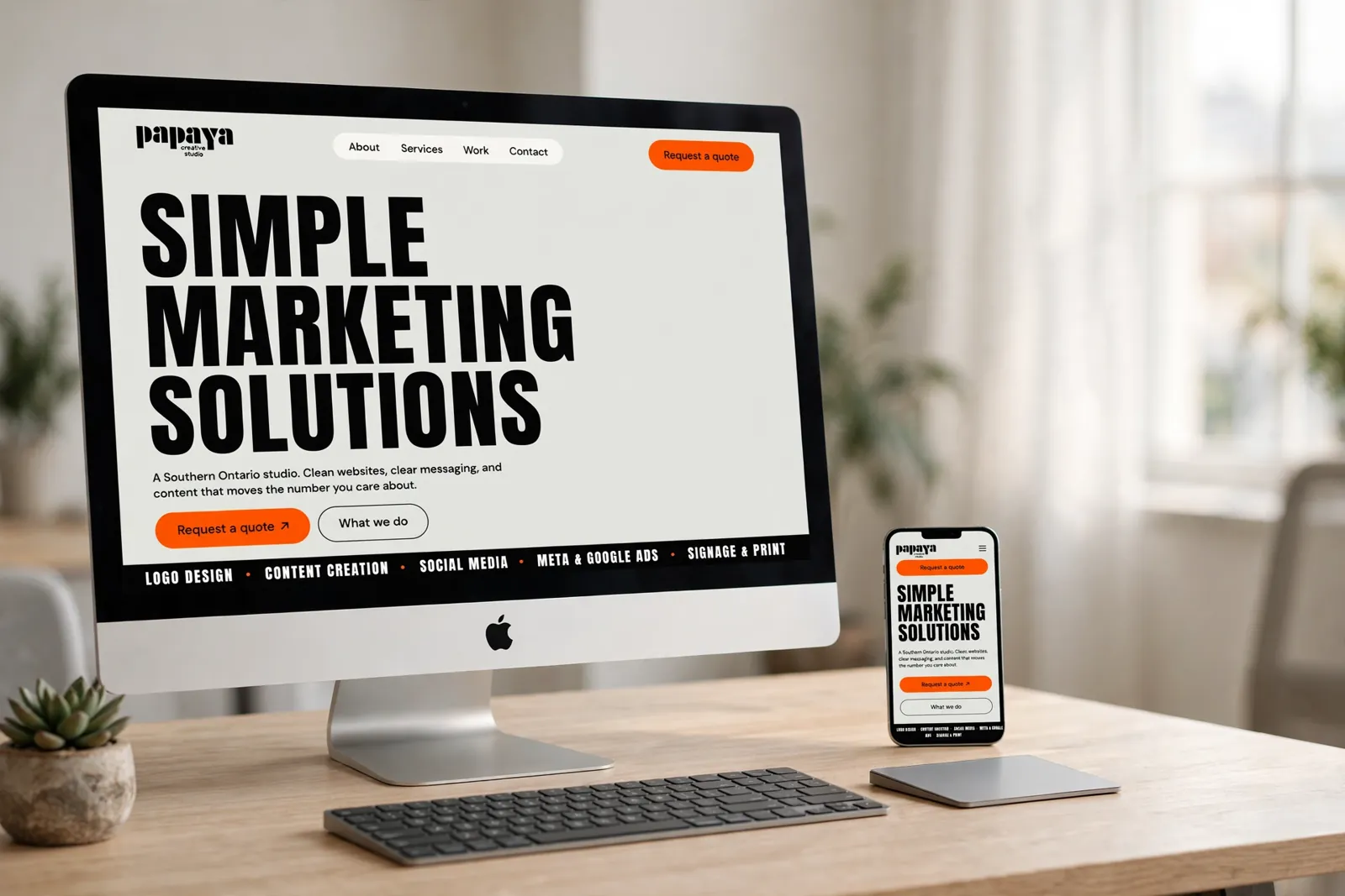 Papaya Creative Studio website shown on a desktop monitor and a phone