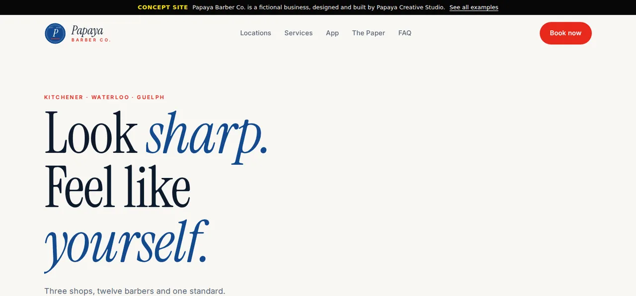 Papaya Barber Co. concept website, designed by Papaya Creative Studio