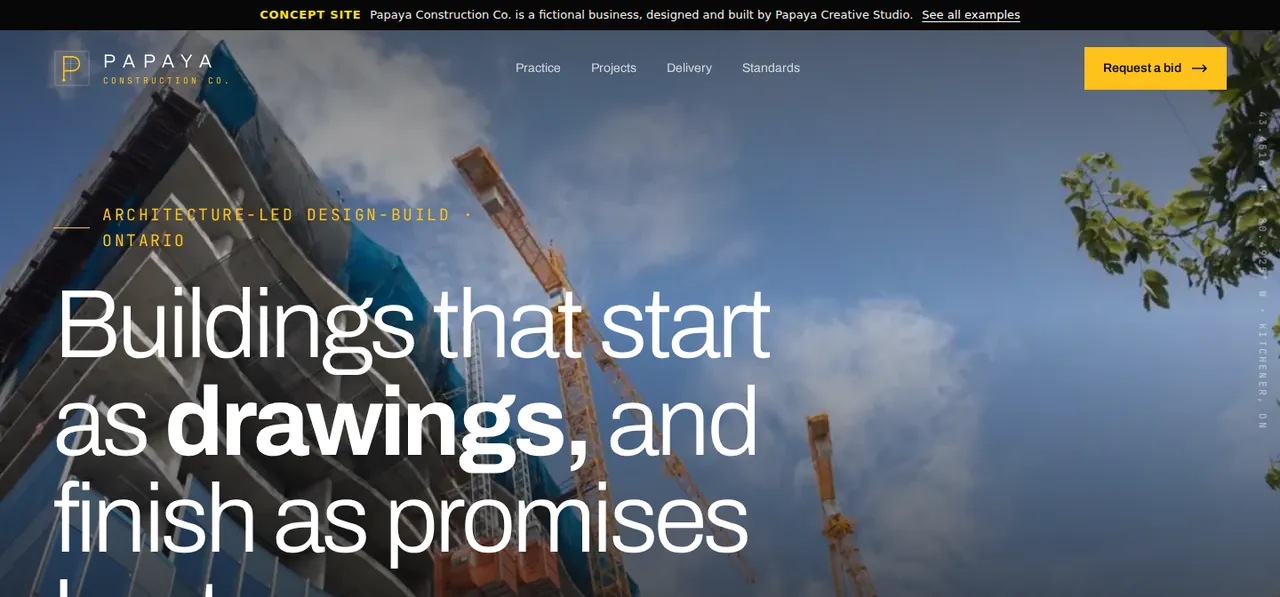 Papaya Construction Co. concept website, designed by Papaya Creative Studio
