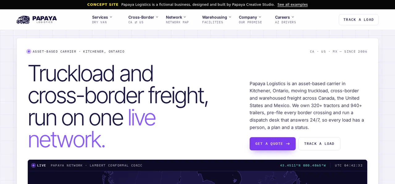 Papaya Logistics concept website, designed by Papaya Creative Studio
